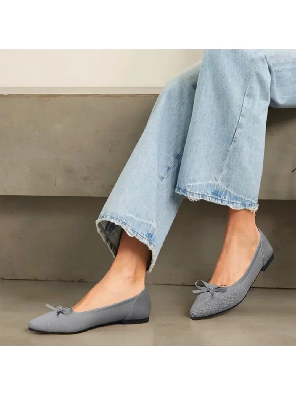 Women's Grey Flats Pointed Toe Bow Knit Ballet Shoes Comfortable Dressy Mesh